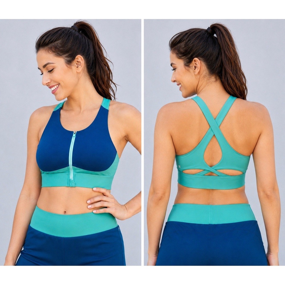 Fabletics Sz M Ella High Support Zip Front Sports Bra Colorblock Worn Once